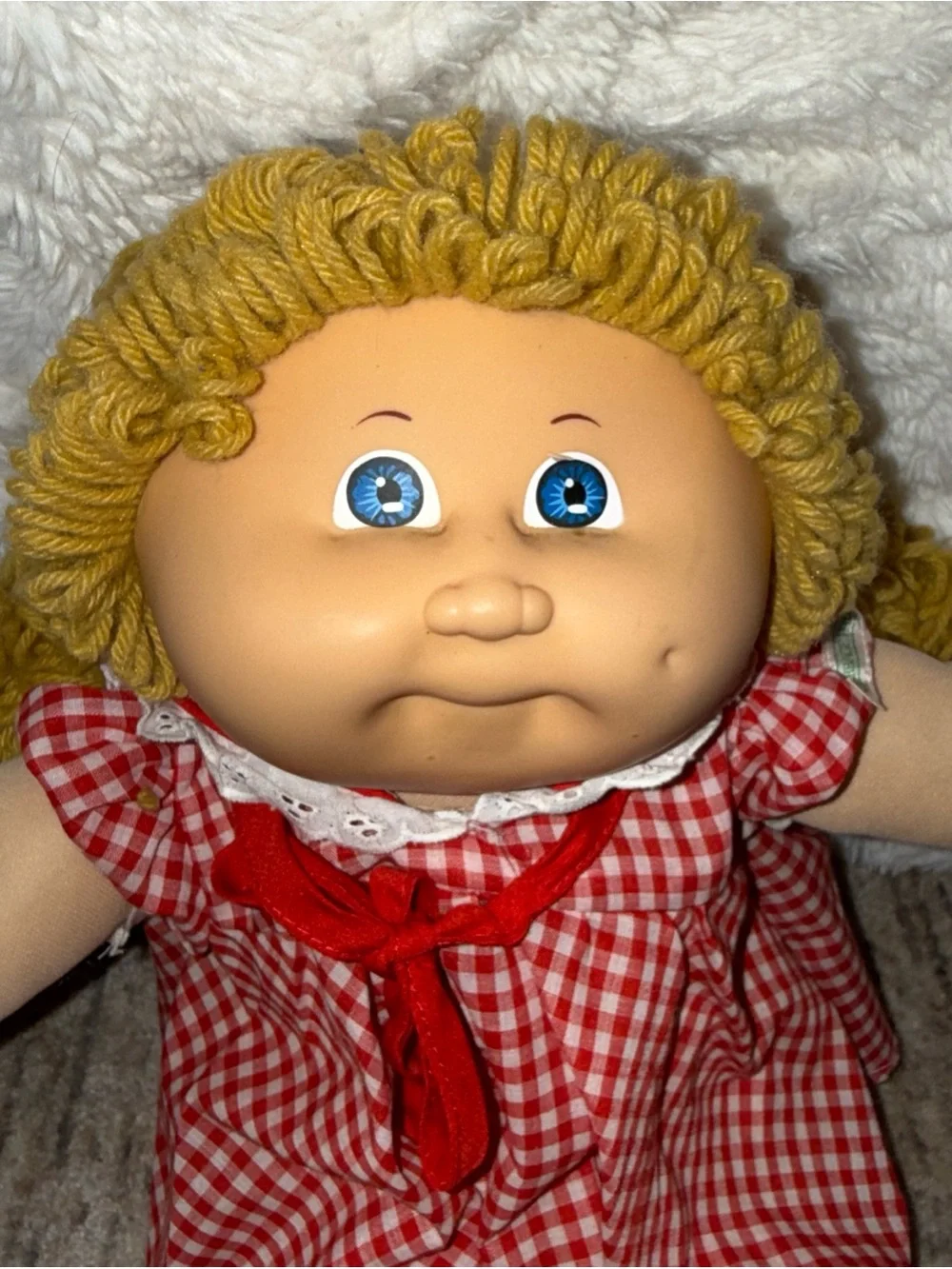 Vintage cabbage patch doll blond hair 1985 red checkered dress